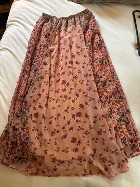 Floral Pink Midi Skirt with Mixed Print Panels